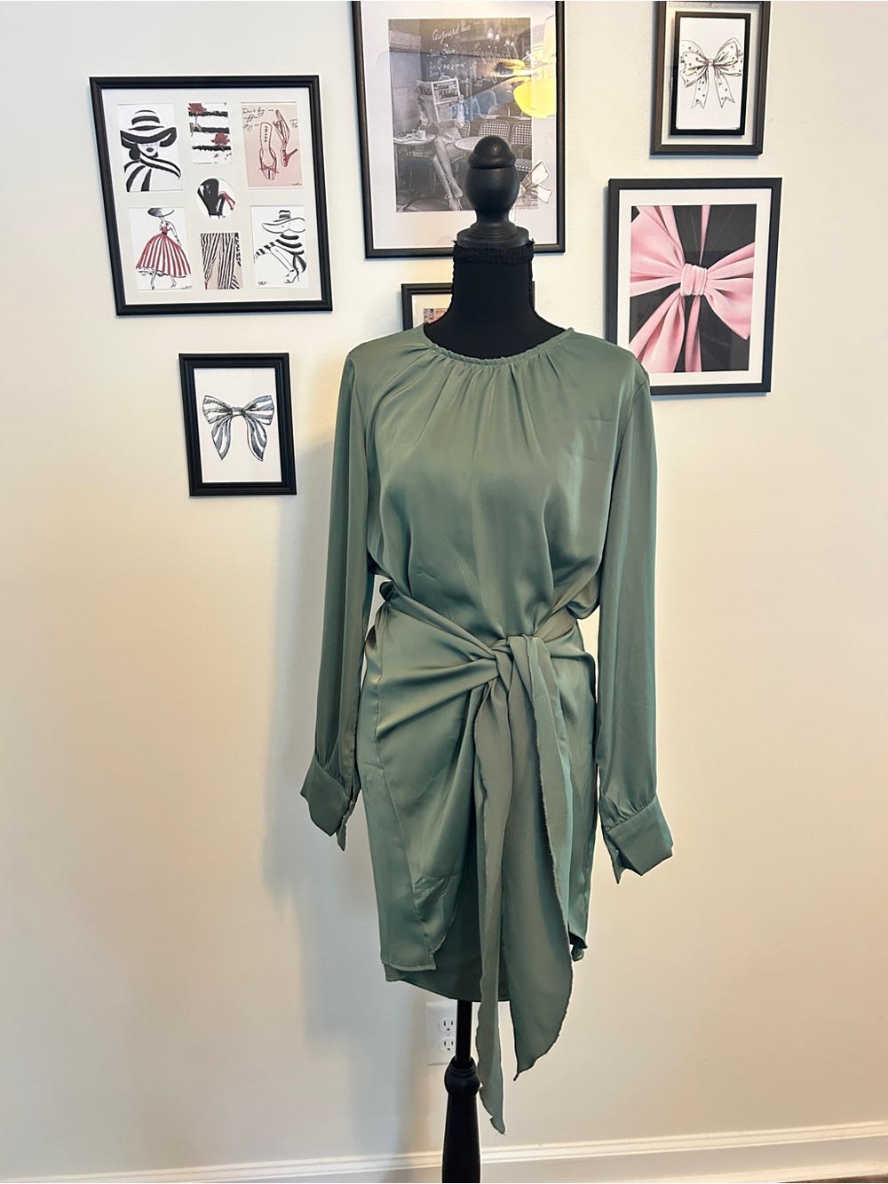 Silk-Effect Sage Green Long Sleeve Tie-Waist Dress